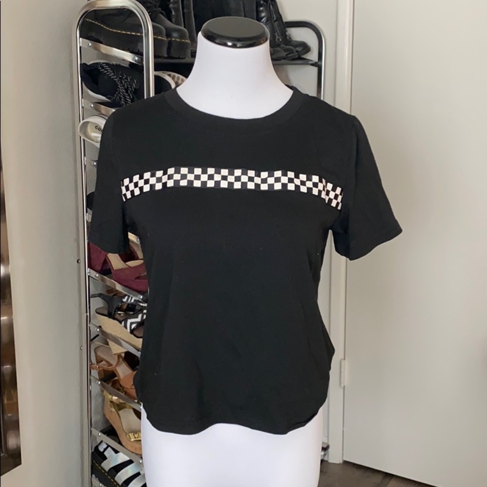 Crop Cotton Black T-Shirt with Racing Flag Stripe
